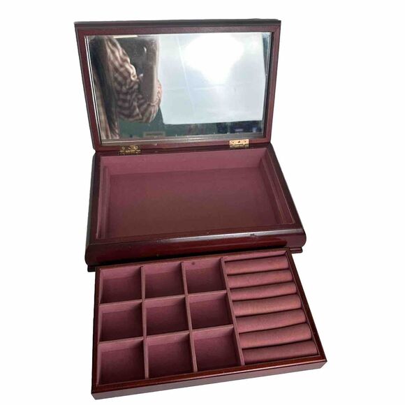 Vtg Wooden Jewelry Box Dark Floral Fabric Top Pink Felt Interior‎ Mirror In Lid - Picture 3 of 11